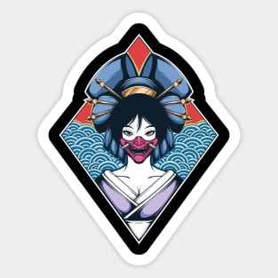 Japanese Geisha Wearing Oni Mask Sticker